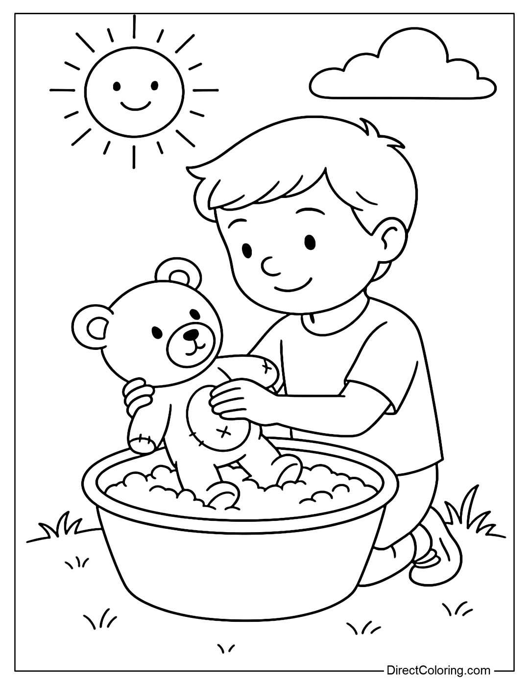 A coloring page where a child is washing an old teddy bear to give to a friend, with the sun shining on it.
